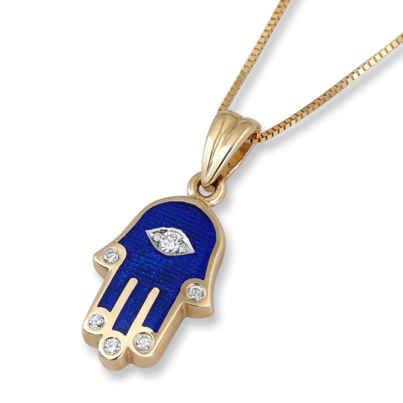 14K Gold and Blue Enamel Hamsa Pendant Necklace with Diamond Fingers a