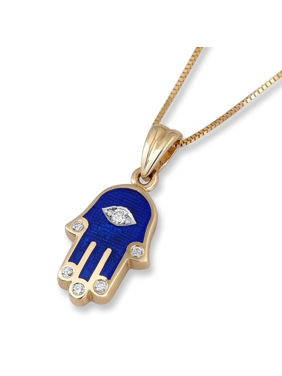 14K Gold and Blue Enamel Hamsa Pendant Necklace with Diamond Fingers a