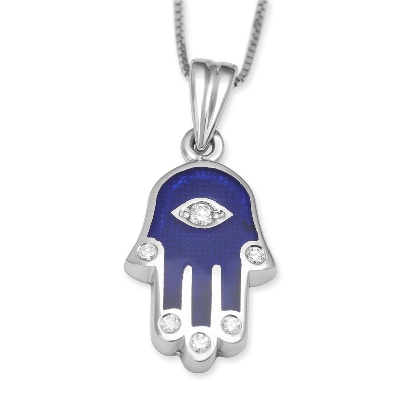 Collier pendentif Hamsa en or 14 carats et émail bleu avec doigts en diamant a