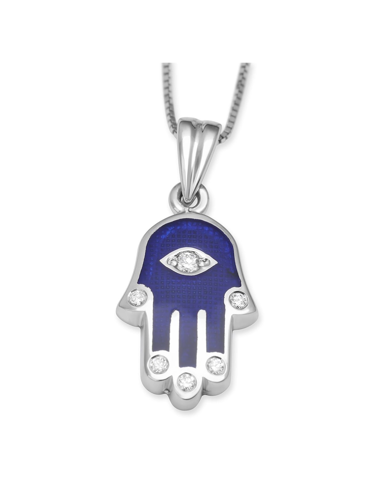 14K Gold and Blue Enamel Hamsa Pendant Necklace with Diamond Fingers a