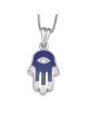 14K Gold and Blue Enamel Hamsa Pendant Necklace with Diamond Fingers a