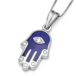 14K Gold and Blue Enamel Hamsa Pendant Necklace with Diamond Fingers a