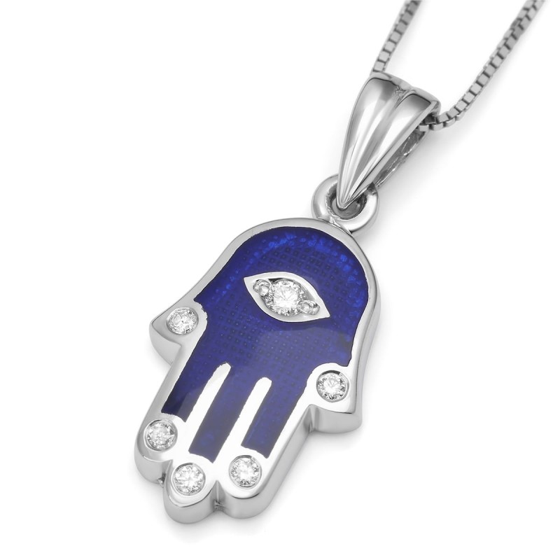 Collier pendentif Hamsa en or 14 carats et émail bleu avec doigts en diamant a