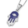 14K Gold and Blue Enamel Hamsa Pendant Necklace with Diamond Fingers a