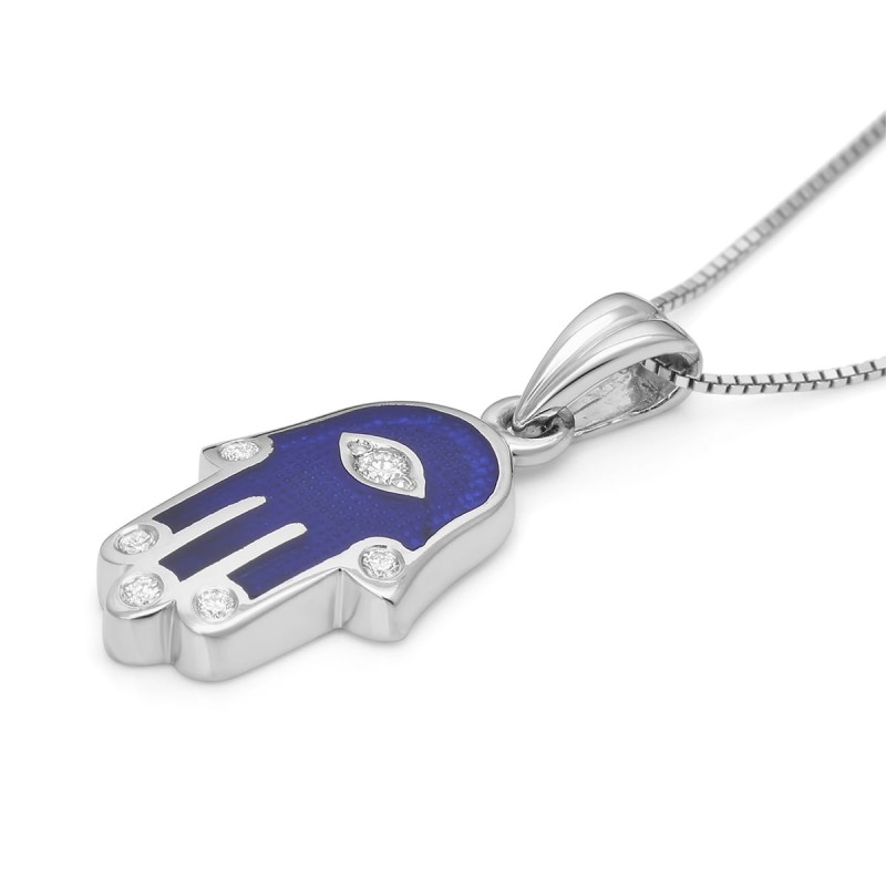 Collier pendentif Hamsa en or 14 carats et émail bleu avec doigts en diamant a