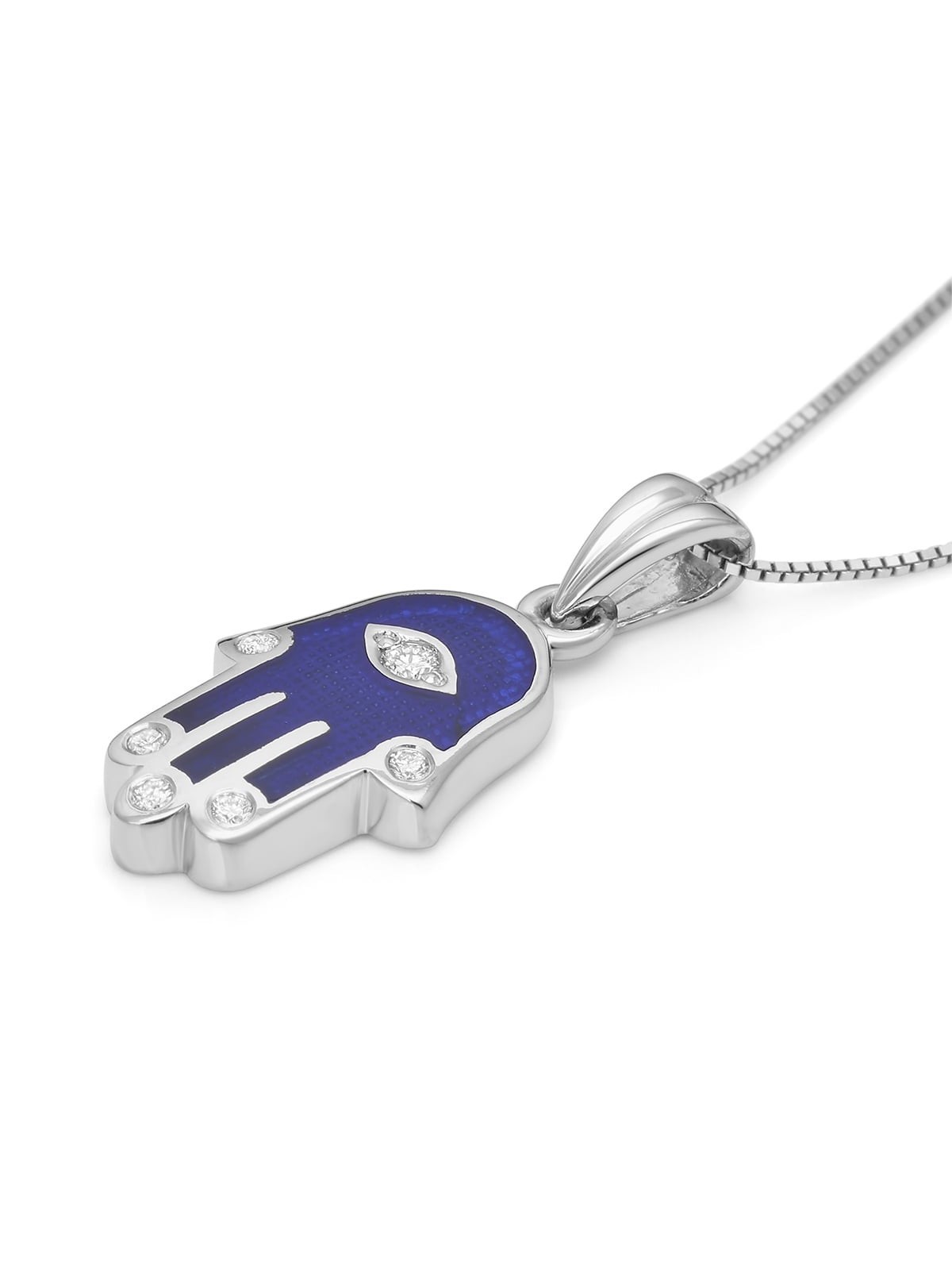 14K Gold and Blue Enamel Hamsa Pendant Necklace with Diamond Fingers a