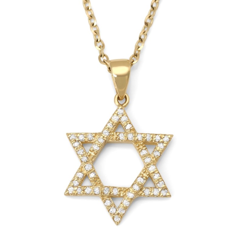 Collier pendentif étoile de David en or 14 carats serti de diamants - Jaune ou Wh
