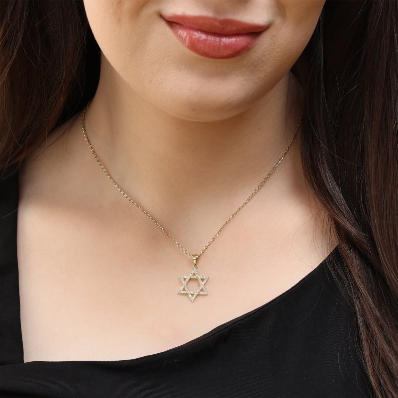 Collier pendentif étoile de David en or 14 carats serti de diamants - Jaune ou Wh