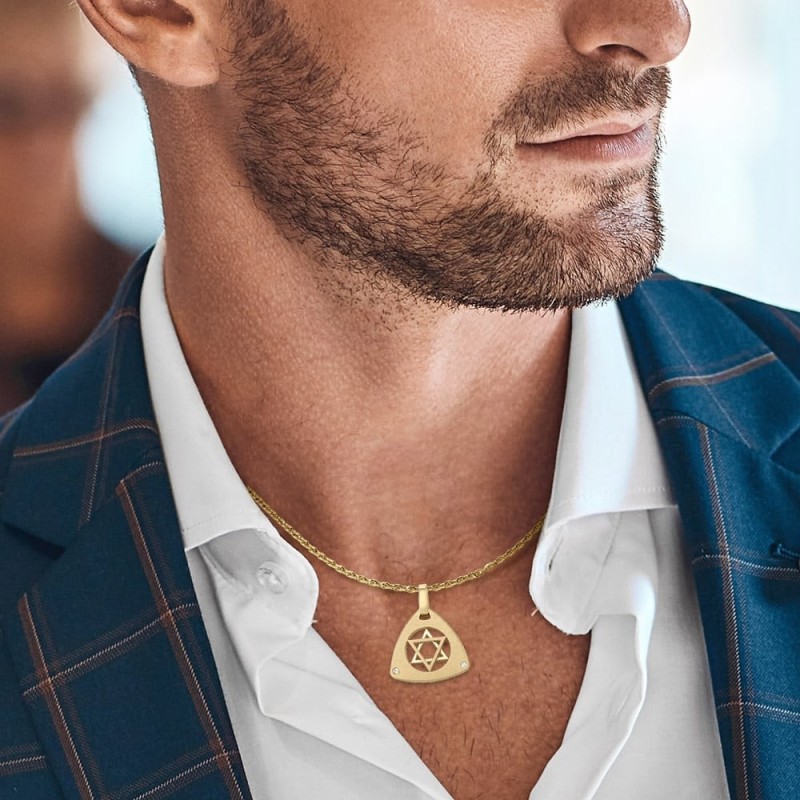 Pendentif étoile de David double triangle en or 14 carats avec diamants - Unisexe
