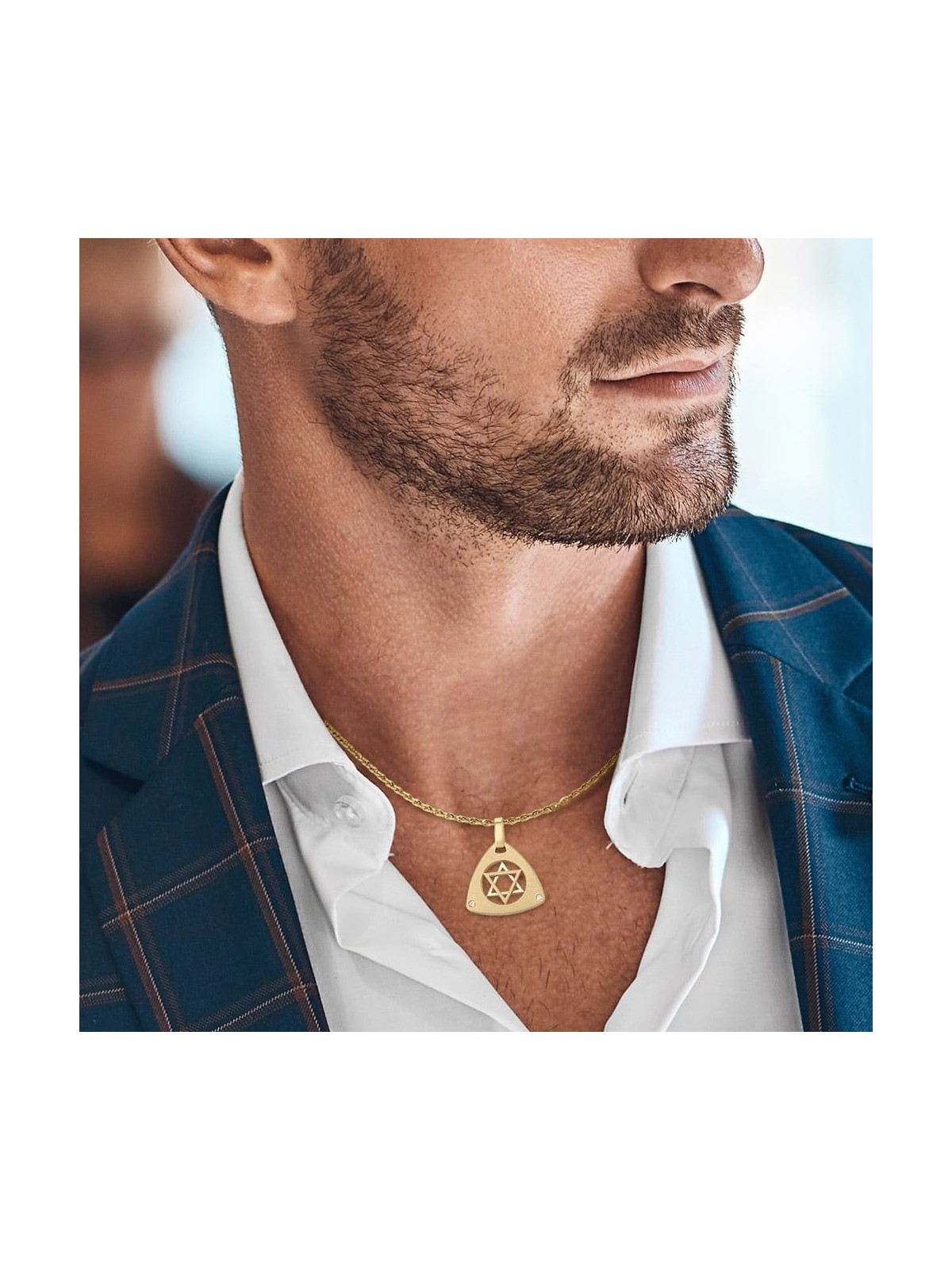 Pendentif étoile de David double triangle en or 14 carats avec diamants - Unisexe