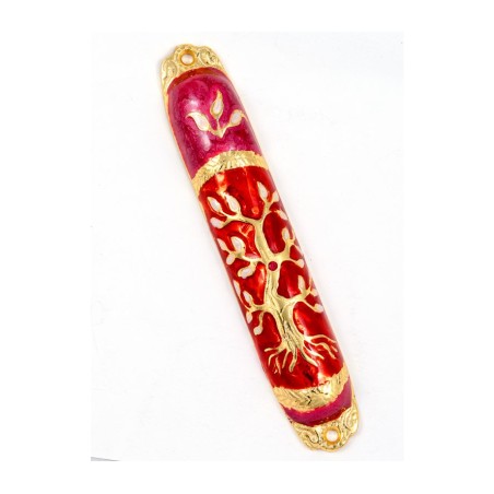 Rounded Mezuzah Case with Tree of Life Gold Red... | Jerusalem Mezuzah