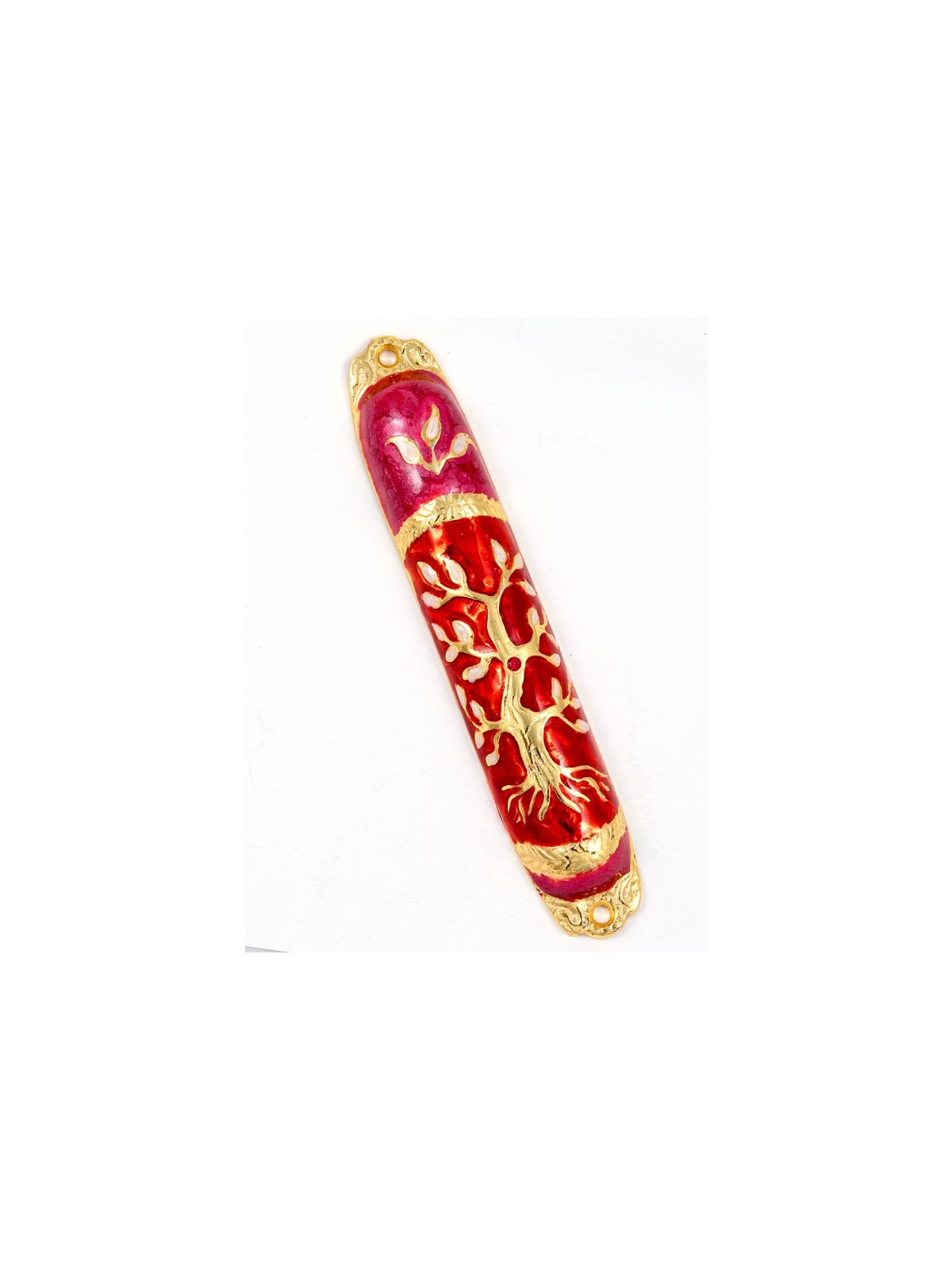 Rounded Mezuzah Case with Tree of Life Gold Red... | Jerusalem Mezuzah
