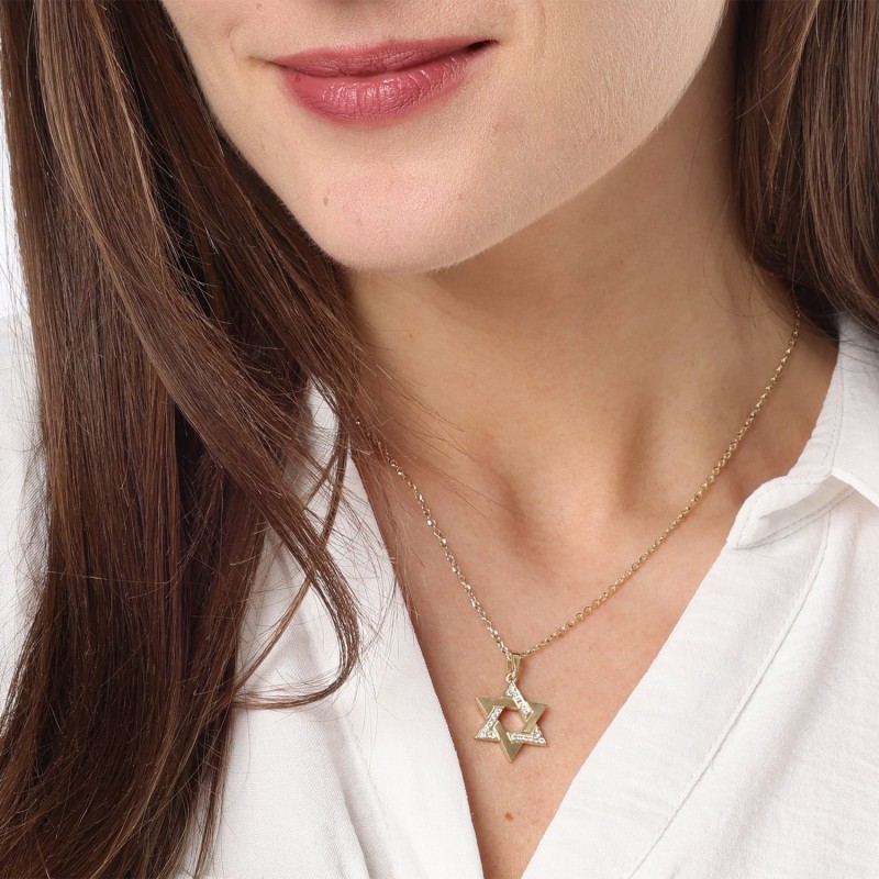 Pendentif étoile de David bombé en or 14 carats avec triangle serti de diamants - Y