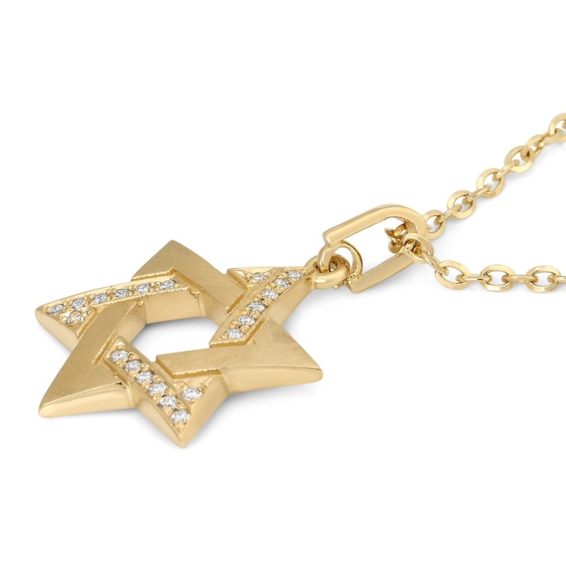 Pendentif étoile de David bombé en or 14 carats avec triangle serti de diamants - Y