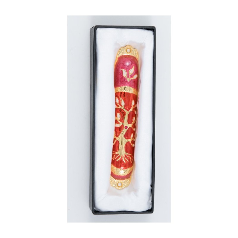 Rounded Mezuzah Case with Tree of Life Gold Red... | Jerusalem Mezuzah