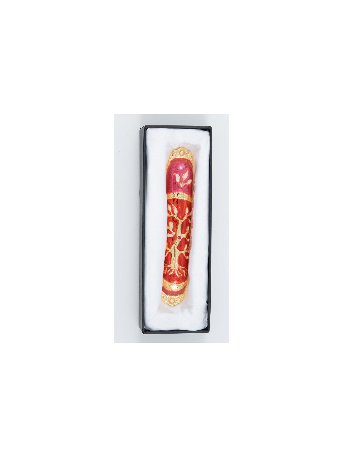 Rounded Mezuzah Case with Tree of Life Gold Red... | Jerusalem Mezuzah