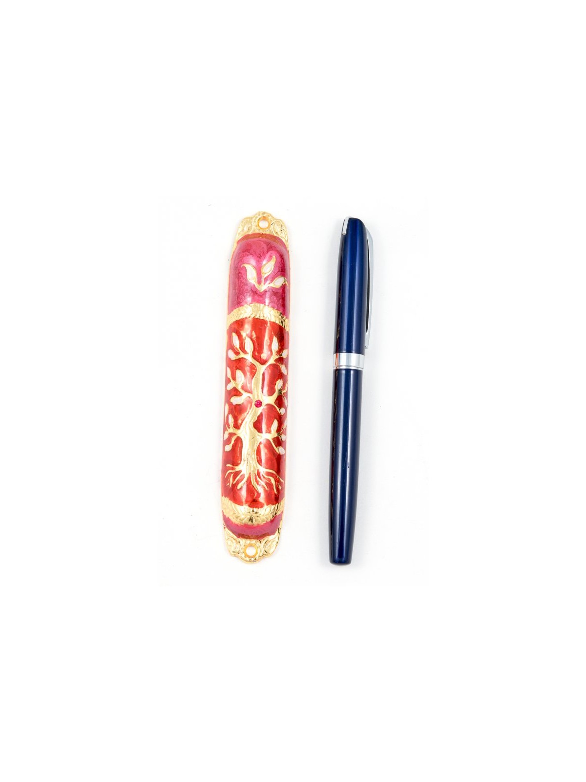 Rounded Mezuzah Case with Tree of Life Gold Red... | Jerusalem Mezuzah
