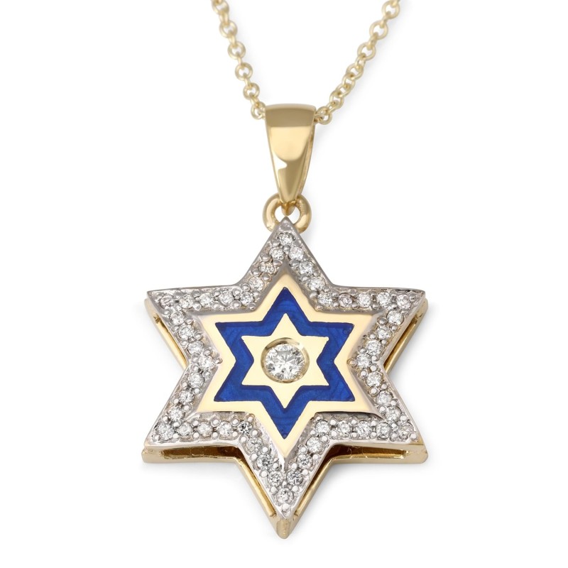 Collier à pendentif étoile de David en or 14 carats et 49 diamants avec émail