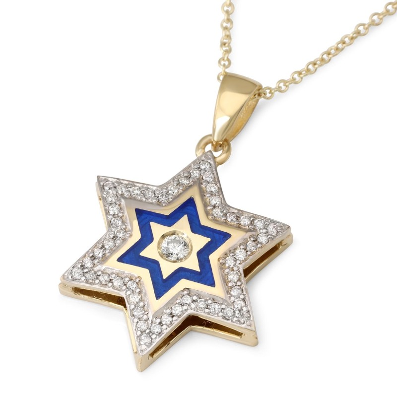 Collier à pendentif étoile de David en or 14 carats et 49 diamants avec émail