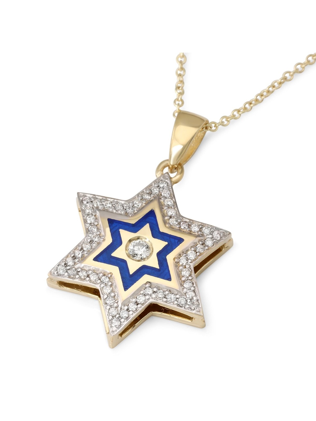 Collier à pendentif étoile de David en or 14 carats et 49 diamants avec émail
