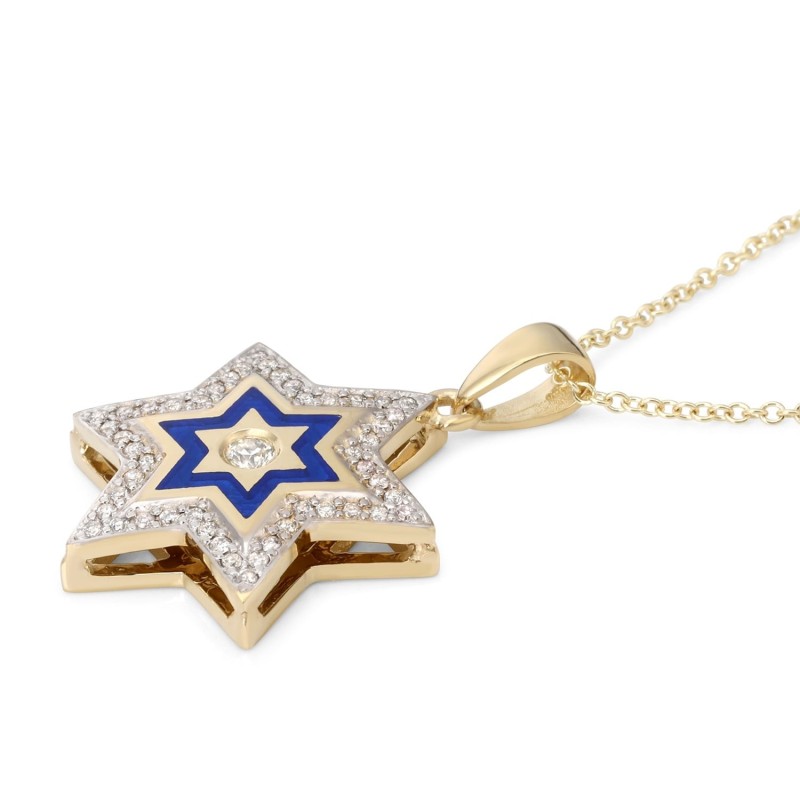 Collier à pendentif étoile de David en or 14 carats et 49 diamants avec émail