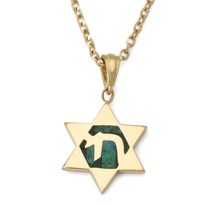Collier pendentif étoile de David en or 14 carats avec Chai sur pierre d'Eilat