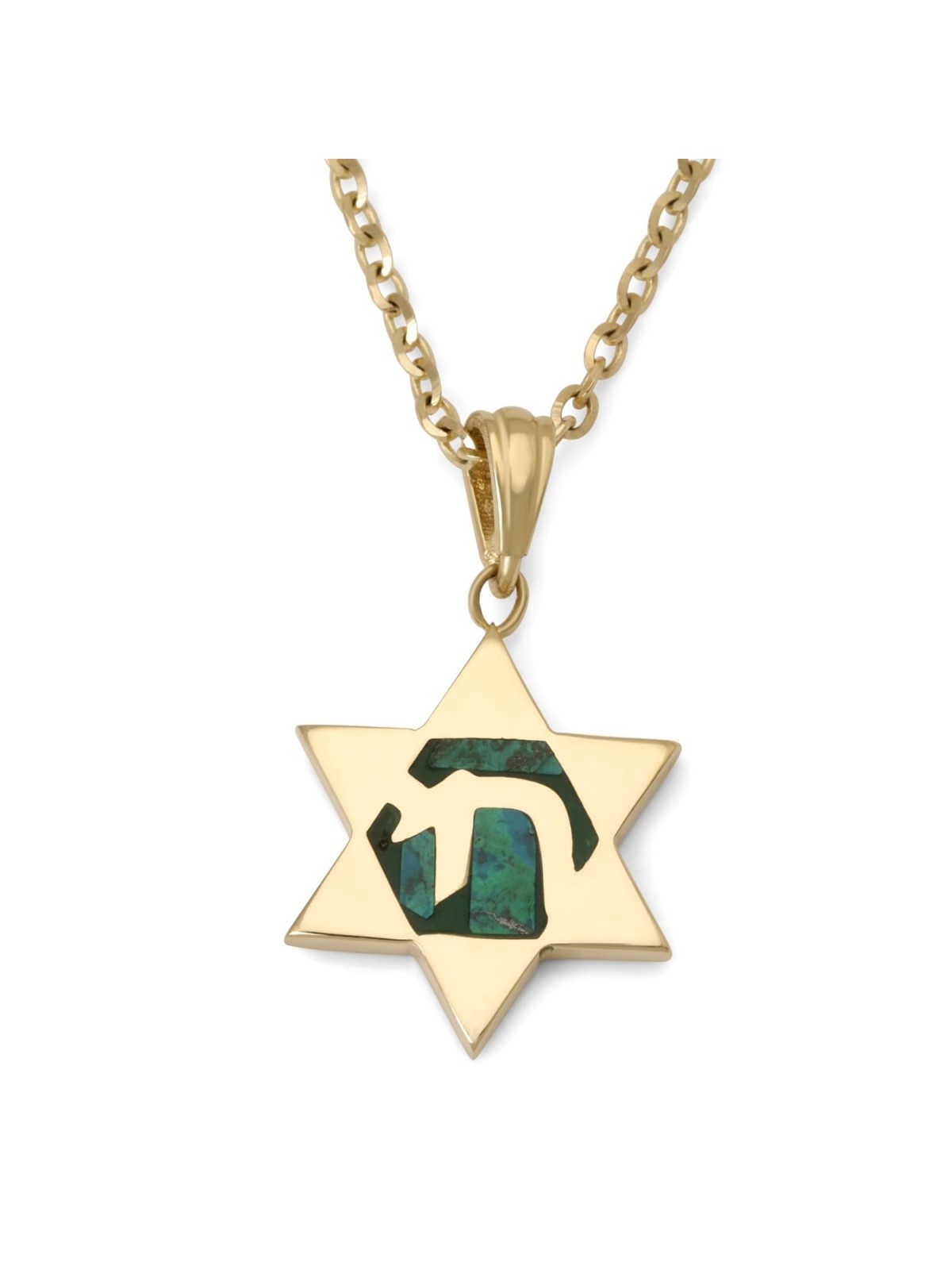 Collier pendentif étoile de David en or 14 carats avec Chai sur pierre d'Eilat