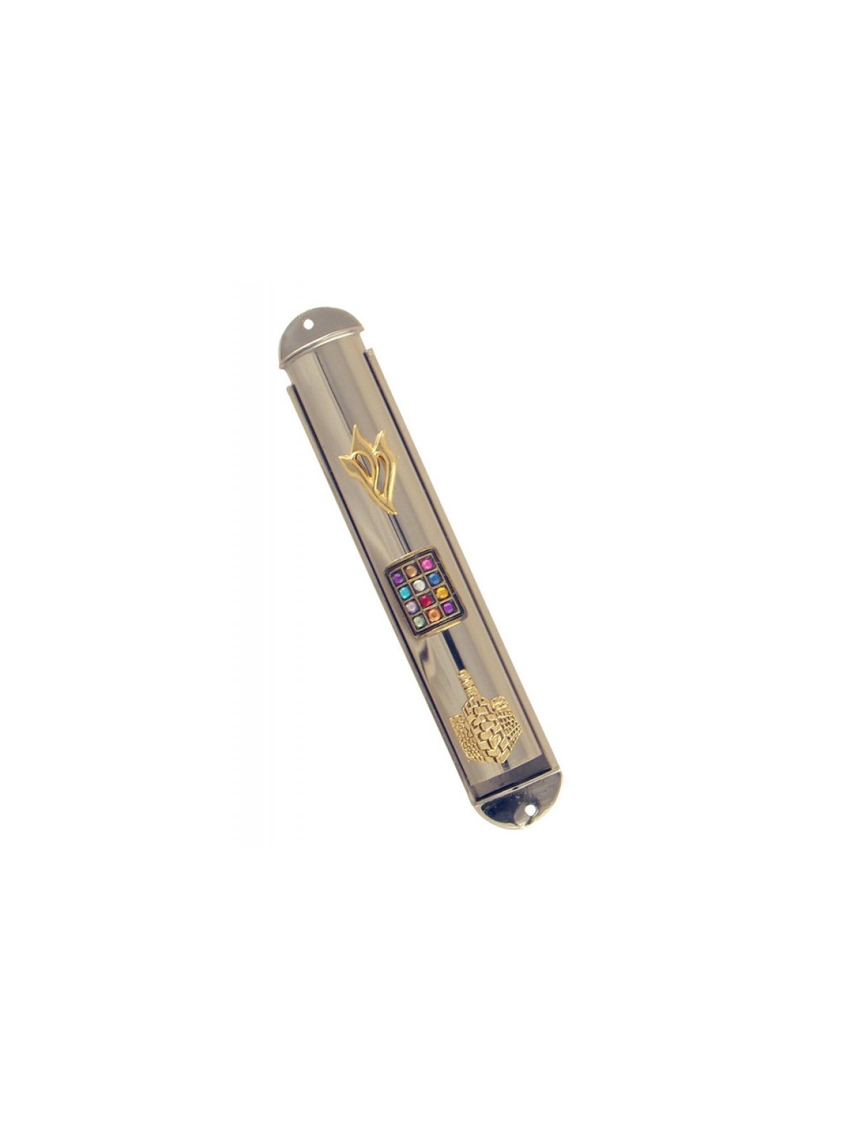 Round Nickel Two Tone Twelve Tribes Mezuzah Case | Jerusalem Mezuzah