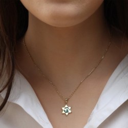 14K Gold Star of David with Chai on Eilat Stone Pendant Necklace