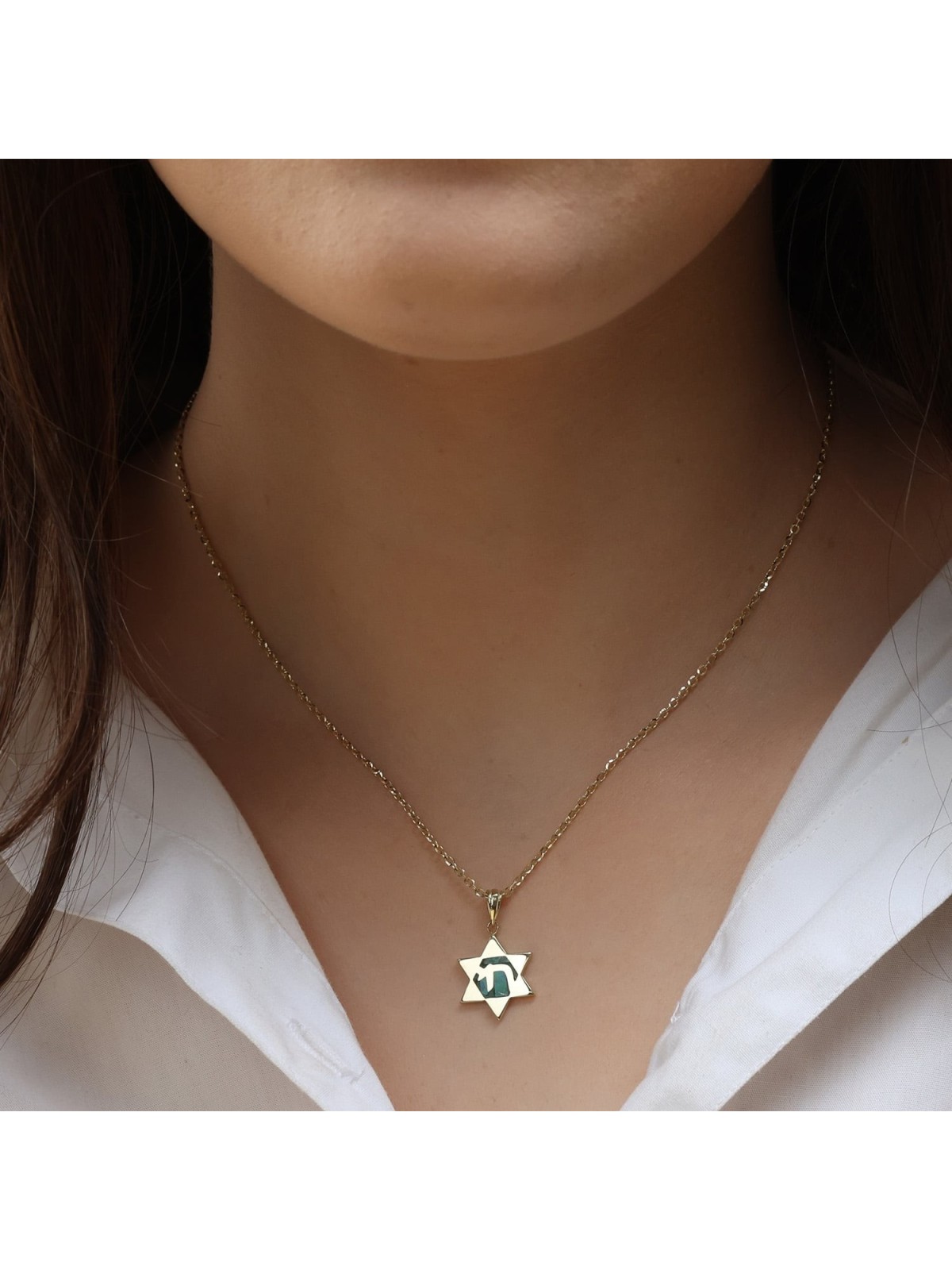 Collier pendentif étoile de David en or 14 carats avec Chai sur pierre d'Eilat