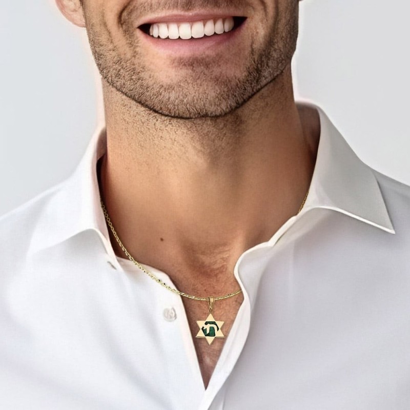 14K Gold Star of David with Chai on Eilat Stone Pendant Necklace