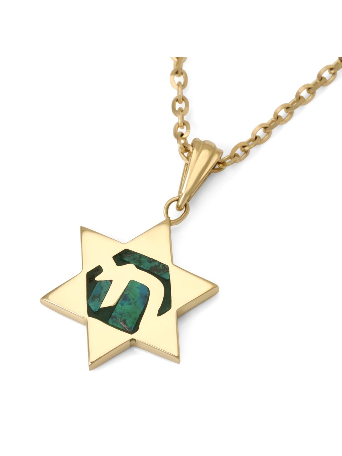 Collier pendentif étoile de David en or 14 carats avec Chai sur pierre d'Eilat