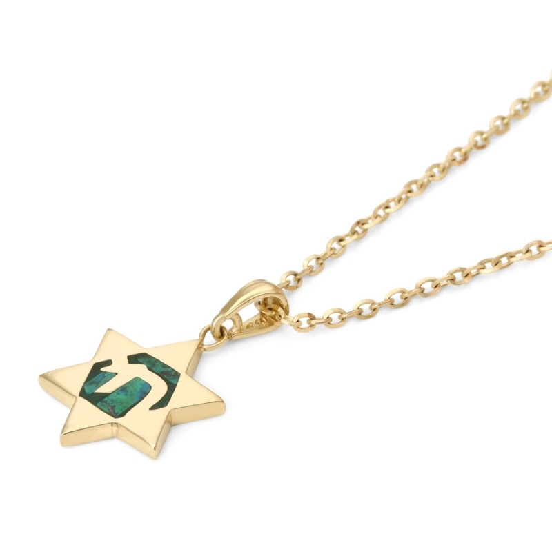 Collier pendentif étoile de David en or 14 carats avec Chai sur pierre d'Eilat