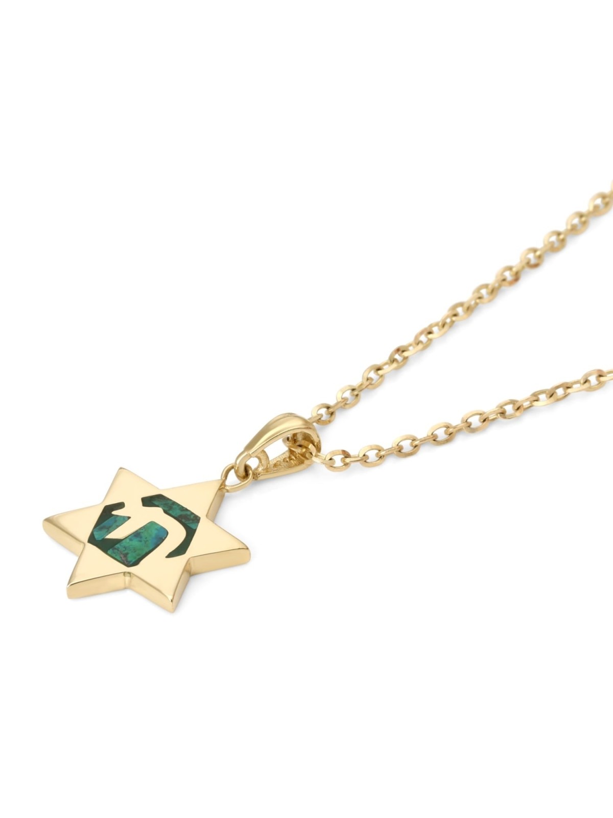14K Gold Star of David with Chai on Eilat Stone Pendant Necklace