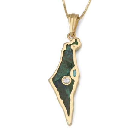 Pendentif carte d'Israël en or 14 carats et pierre d'Eilat avec diamant unique
