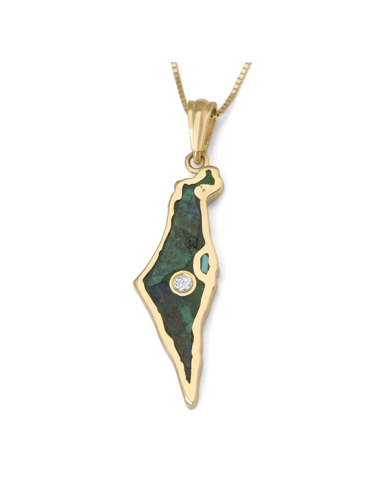 Pendentif carte d'Israël en or 14 carats et pierre d'Eilat avec diamant unique