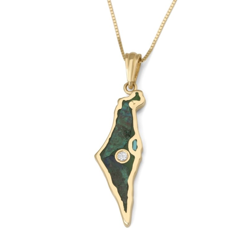Pendentif carte d'Israël en or 14 carats et pierre d'Eilat avec diamant unique