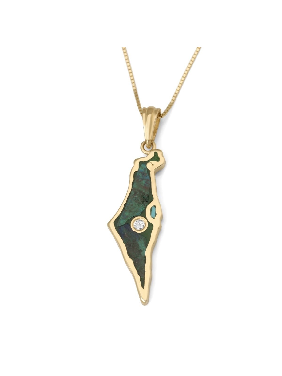 Pendentif carte d'Israël en or 14 carats et pierre d'Eilat avec diamant unique