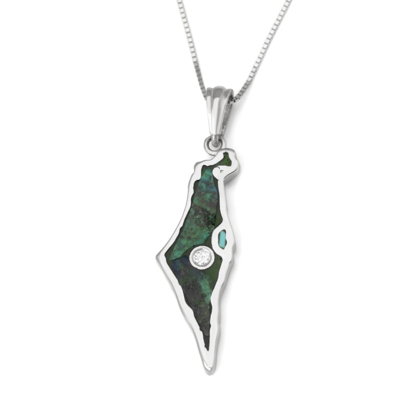 Pendentif carte d'Israël en or 14 carats et pierre d'Eilat avec diamant unique