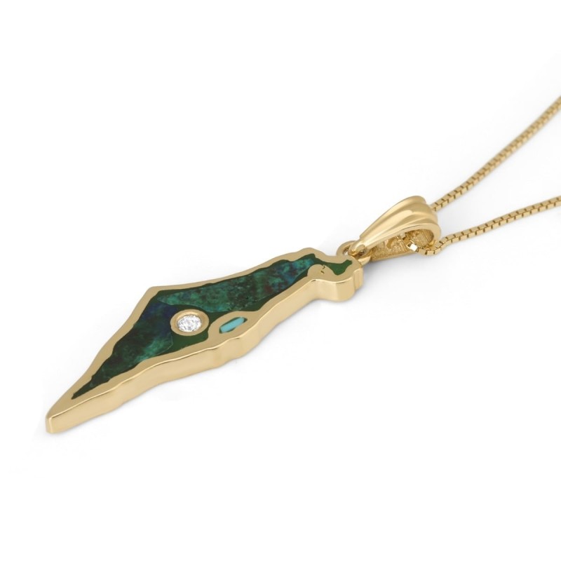 Pendentif carte d'Israël en or 14 carats et pierre d'Eilat avec diamant unique