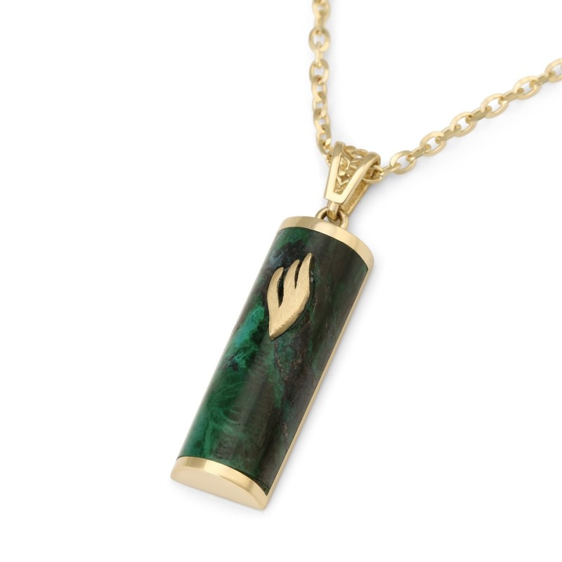 Pendentif Mezouza en or jaune 14 carats et pierre d'Eilat avec tibia - Unisexe