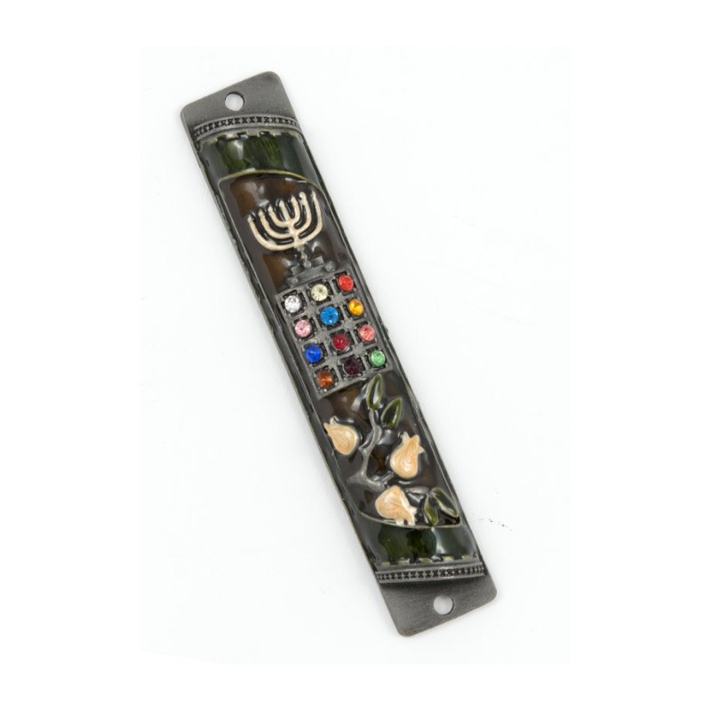 Rounded Mezuzah Case with Colorful Hoshen Breas... | Jerusalem Mezuzah