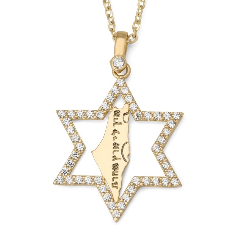 Pendentif No Other Land et étoile de David en or 14 carats avec zircone cubique S