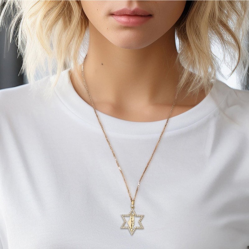 14K Gold No Other Land and Star of David Pendant with Cubic Zirconia S