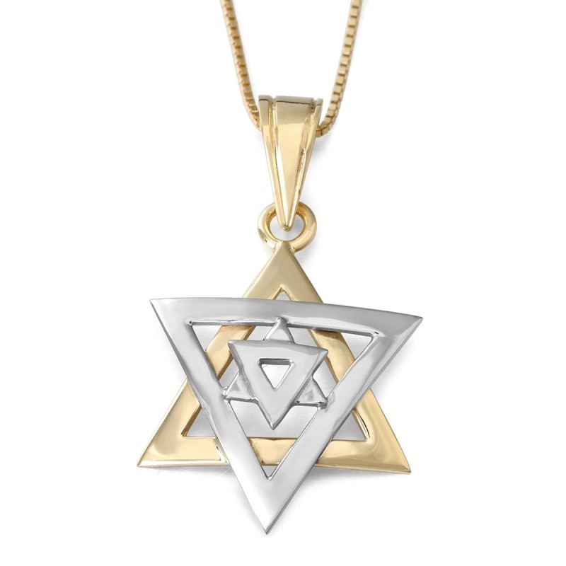 Collier pendentif étoile de David à double dôme en or jaune et blanc 14 carats