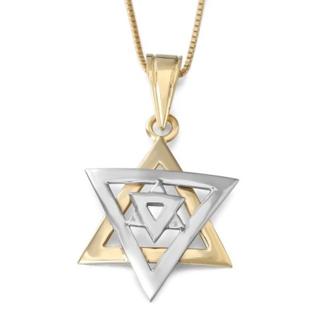 Collier pendentif étoile de David à double dôme en or jaune et blanc 14 carats