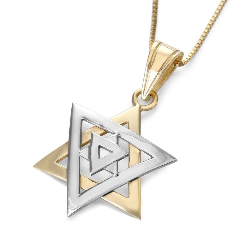 Collier pendentif étoile de David à double dôme en or jaune et blanc 14 carats