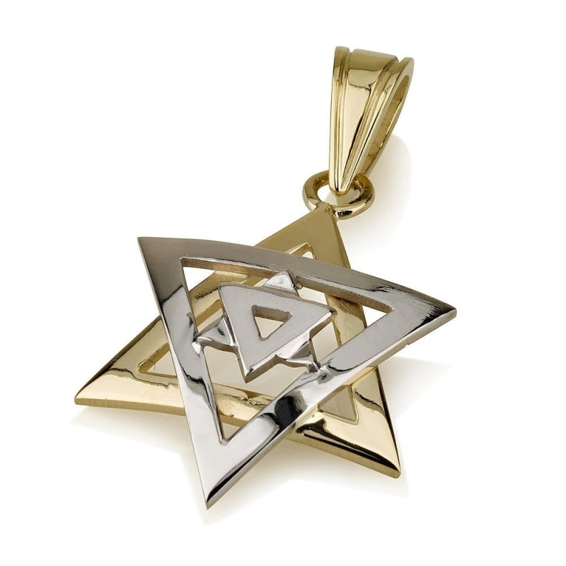 Collier pendentif étoile de David à double dôme en or jaune et blanc 14 carats