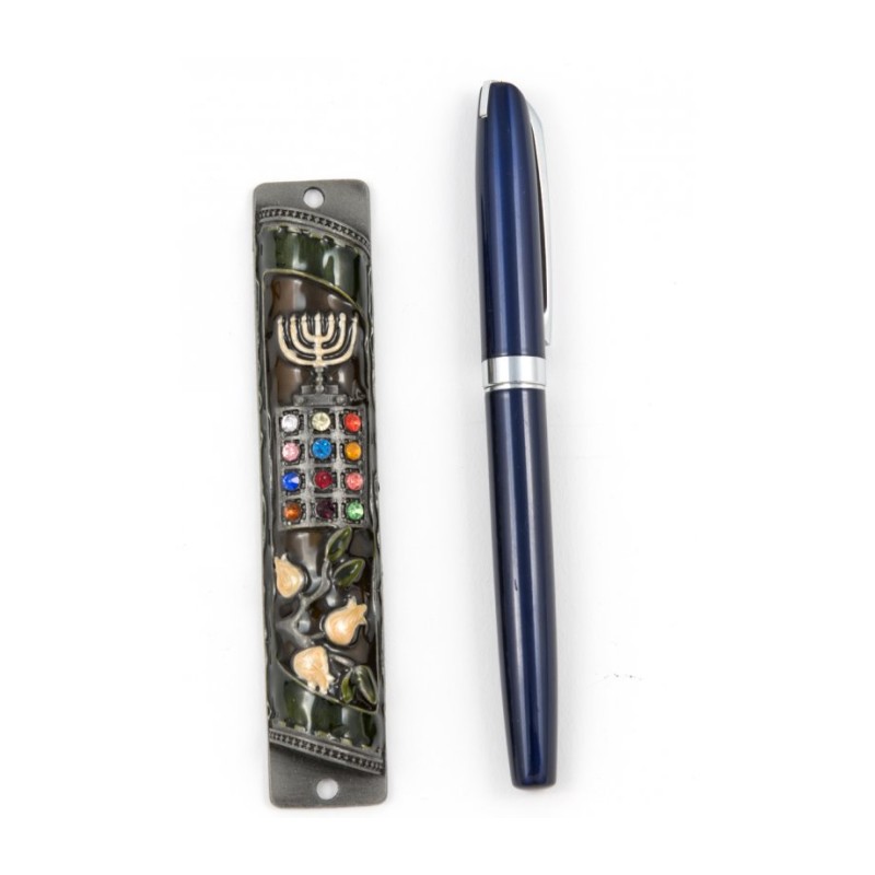 Rounded Mezuzah Case with Colorful Hoshen Breas... | Jerusalem Mezuzah