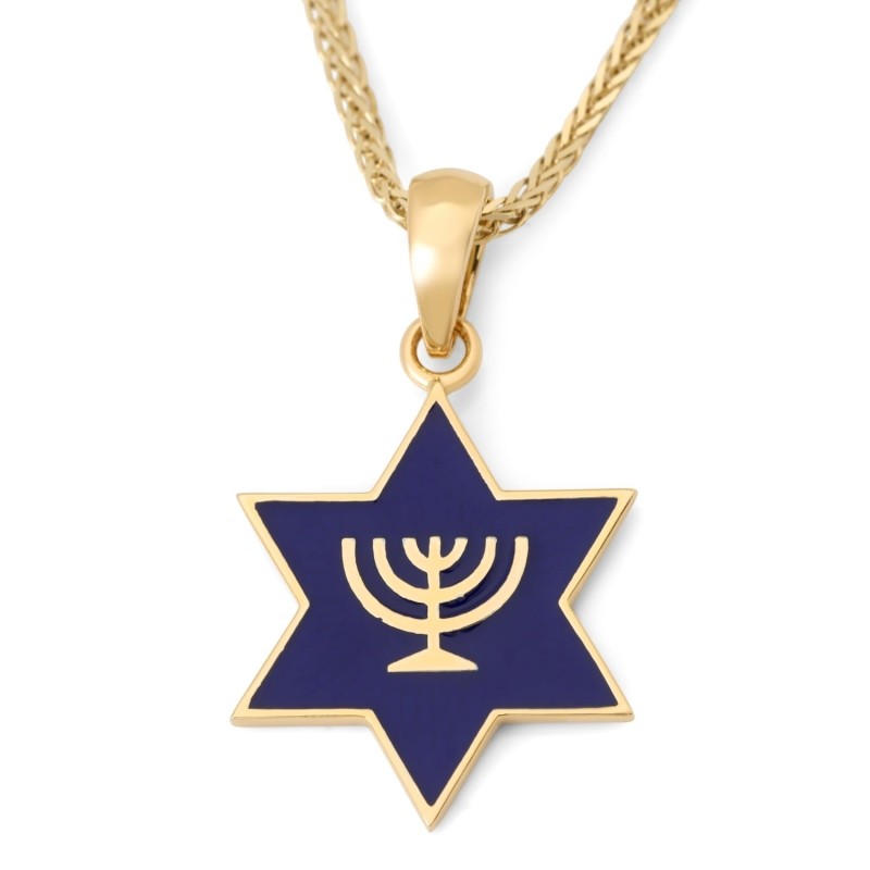 Collier pendentif étoile de David en or 14 carats avec menorah et émail bleu